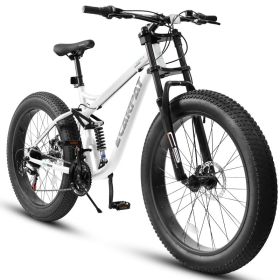 A26309 26 Inch Mountain Bike,Full-Suspension 21 Speeds Drivetrain With Disc-Brake Bicycle, Fat Tire Bike For Men (Option: White)